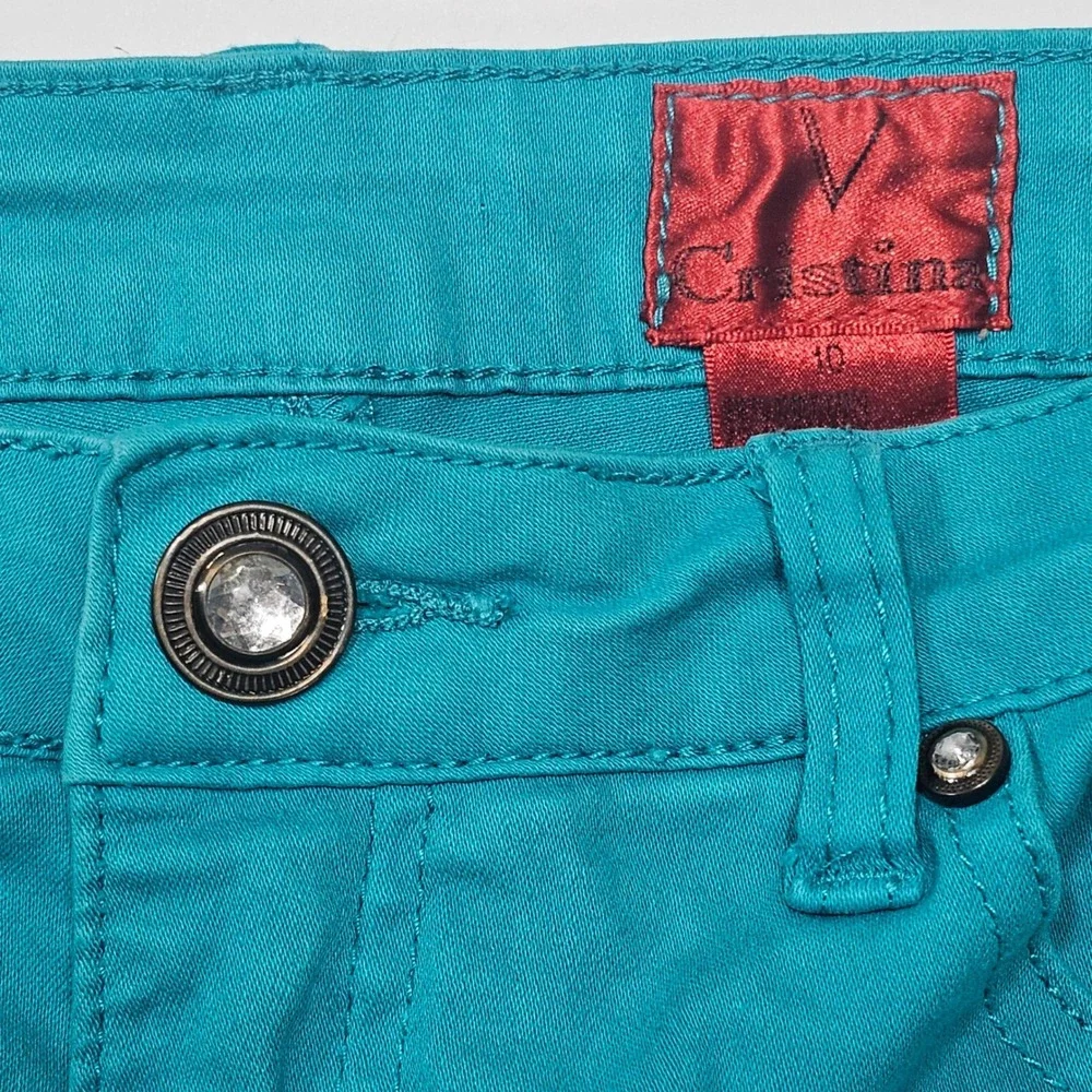 V Cristina Womens Teal Rhinestone Embellished Capri Crop Pants Size 10 Turquoise